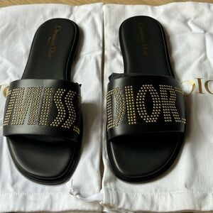 Dior Dway Slide Black Calfskin and Gold-Finish Studs size:38